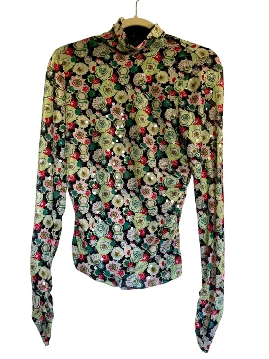 Cinq a Sept Floral Sequin Ruched Funnel Neck Mesh Top Size Medium - Picture 2 of 15